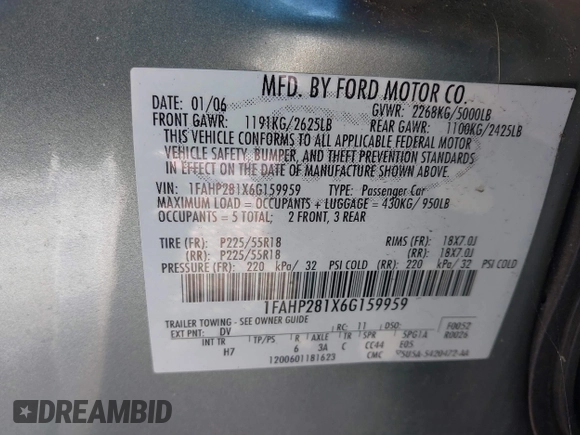 2006 Ford Five Hundred Limited with VIN 1FAHP281X6G159959, listed as a IAAI auction lot 41410464 with 156,724 mi miles. Bid and sale history available at carsss.com. Image 9.