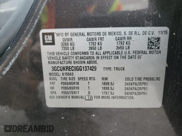 2016 Chevrolet Silverado 1500 LT with VIN 3GCUKREC9GG137429, listed as a Copart auction lot 45861025 with 175,074 mi miles and Salvage Title. Bid and sale history available at DreamBid. Image 14.