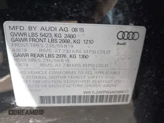 2016 Audi Q5 Premium Plus with VIN WA1L2AFP6GA038817, listed as a IAAI auction lot 41763474 with 75,490 mi miles. Bid and sale history available at carsss.com. Image 9.