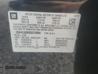 2012 GMC Terrain SLT-1 z VIN 2GKALUEK6C6270668, wystawiony jako Copart lot #54606755 z przebiegiem 133 558 mil mil oraz Szkoda całkowita • Salvage title. Historia ofert i sprzedaży dostępna na DreamBid. Obrazek 13.