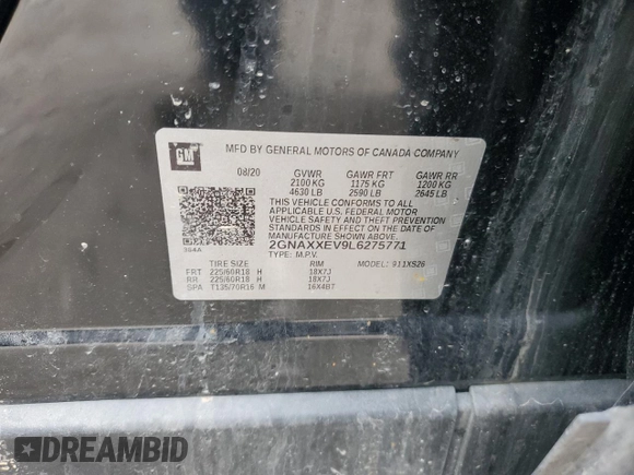 2020 Chevrolet Equinox Premier z VIN 2GNAXXEV9L6275771, wystawiony jako Copart lot #49952795 z przebiegiem 30 860 mil mil oraz Szkoda całkowita • Salvage title. Historia ofert i sprzedaży dostępna na DreamBid. Obrazek 14.