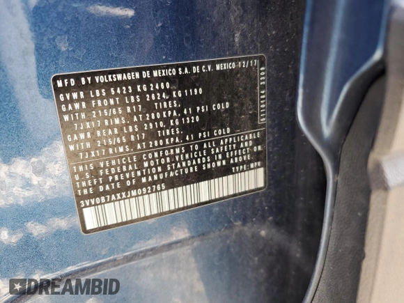 2018 Volkswagen Tiguan S z VIN 3VV0B7AXXJM092765, wystawiony jako Copart lot #57324885 z przebiegiem 156 441 mil mil oraz Szkoda całkowita • Salvage title. Historia ofert i sprzedaży dostępna na DreamBid. Obrazek 13.