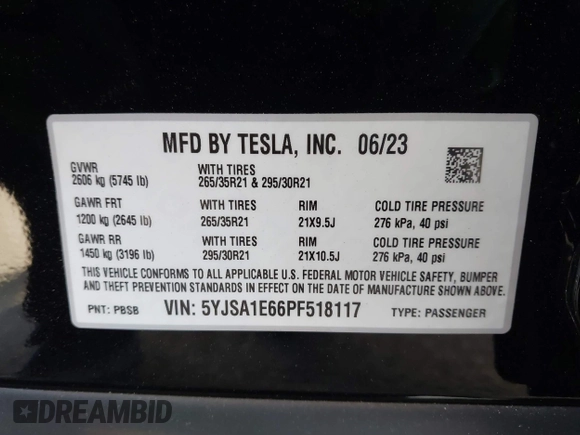 2023 Tesla Model S Plaid с VIN 5YJSA1E66PF518117, выставлен на аукционе IAAI как лот 41344515 с пробегом Не указан миль и . История ставок и продаж доступна на DreamBid. Изображение 9.