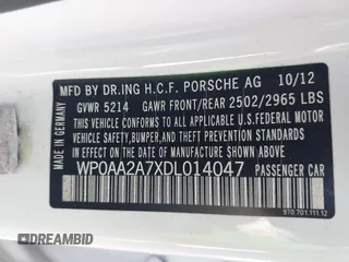 2013 Porsche Panamera with VIN WP0AA2A7XDL014047, listed as a IAAI auction lot 42010031 with 118,681 mi miles and . Bid and sale history available at DreamBid. Image 9.
