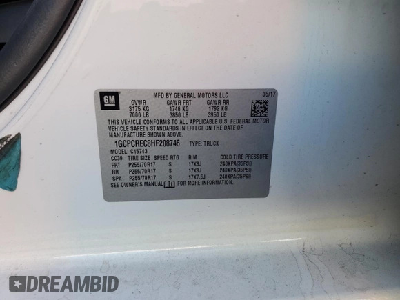 2017 Chevrolet Silverado 1500 LT with VIN 1GCPCREC8HF208746, listed as a Copart auction lot 87186244 with 94,643 mi miles and Salvage Title. Bid and sale history available at DreamBid. Image 12.