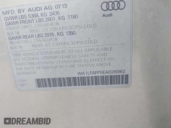 2014 Audi Q5 Premium Plus z VIN WA1LFAFP5EA026062, wystawiony jako IAAI lot #42333723 z przebiegiem 103 238 mil mil oraz . Historia ofert i sprzedaży dostępna na DreamBid. Obrazek 9.