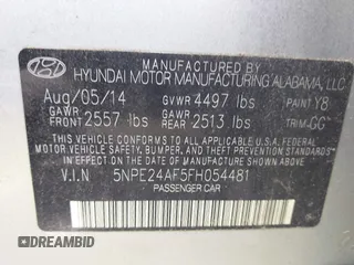 2015 Hyundai Sonata SE with VIN 5NPE24AF5FH054481, listed as a IAAI auction lot 42183252 with 107,370 mi miles and . Bid and sale history available at DreamBid. Image 9.