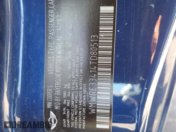 2004 MINI Hardtop S z VIN WMWRE33414TD80513, wystawiony jako Copart lot #55528355 z przebiegiem 142 455 mil mil oraz Szkoda całkowita • Salvage title. Historia ofert i sprzedaży dostępna na DreamBid. Obrazek 12.