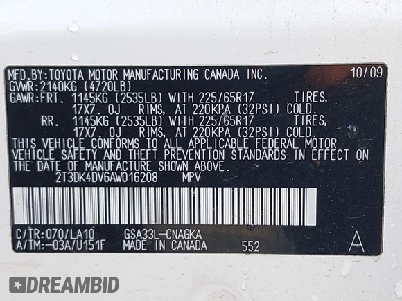 2010 Toyota RAV4 Ltd with VIN 2T3DK4DV6AW016208, listed as a IAAI auction lot 41344146 with 146,564 mi miles. Bid and sale history available at carsss.com. Image 9.