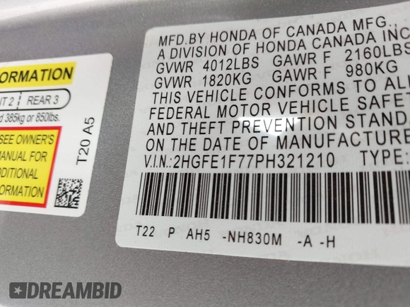 2023 Honda Civic EX with VIN 2HGFE1F77PH321210, listed as a IAAI auction lot 41797011 with 8,748 mi miles and . Bid and sale history available at DreamBid. Image 9.