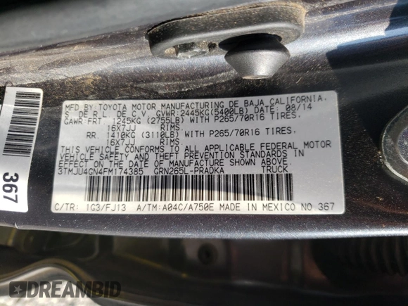 2015 Toyota Tacoma PreRunner с VIN 3TMJU4GN4FM174385, выставлен на аукционе Copart как лот 63994465 с пробегом Не указан миль и На запчасти • Non repairable. История ставок и продаж доступна на DreamBid. Изображение 12.