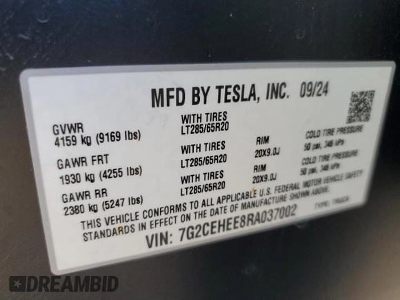 2024 Tesla Cybertruck Cyberbeast z VIN 7G2CEHEE8RA037002, wystawiony jako Copart lot #51112195 z przebiegiem 7477 mil mil oraz Szkody całkowita. Historia ofert i sprzedaży dostępna na DreamBid. Obrazek 12.