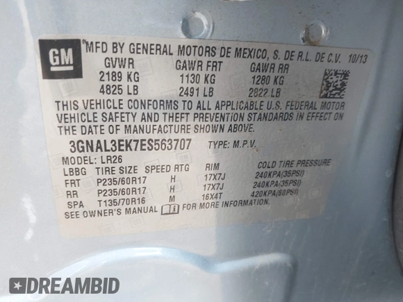 2014 Chevrolet Captiva Sport LT with VIN 3GNAL3EK7ES563707, listed as a IAAI auction lot 42118319 with 124,015 mi miles and . Bid and sale history available at DreamBid. Image 9.