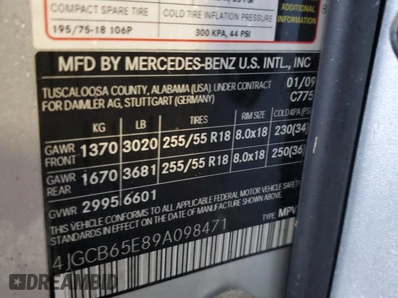 2009 Mercedes-Benz R 3.5L with VIN 4JGCB65E89A098471, listed as a Copart auction lot 44926585 with 156,617 mi miles and Salvage Title. Bid and sale history available at DreamBid. Image 13.