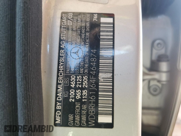2004 Mercedes-Benz C 240 with VIN WDBRH61J64F464874, listed as a Copart auction lot 65477264 with 184,239 mi miles and Salvage title. Bid and sale history available at DreamBid. Image 12.