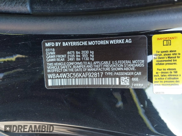 2019 BMW 4 Series 430i with VIN WBA4W3C56KAF92817, listed as a IAAI auction lot 41336952 with Not Provided miles and . Bid and sale history available at DreamBid. Image 9.
