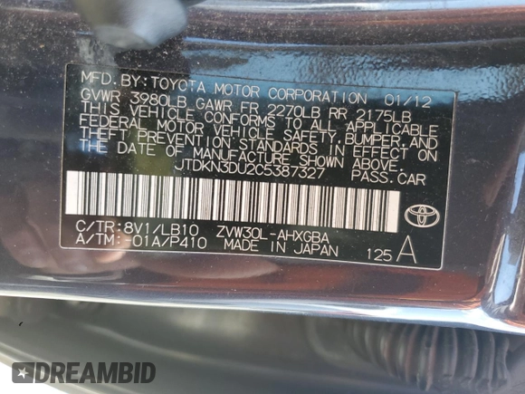 2012 Toyota Prius One with VIN JTDKN3DU2C5387327, listed as a Copart auction lot 53833305 with 168,765 mi miles and Clean Title. Bid and sale history available at carsss.com. Image 12.