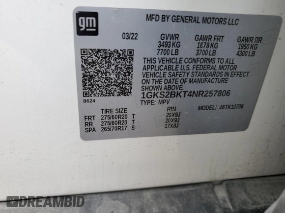 2022 GMC Yukon SLT with VIN 1GKS2BKT4NR257806, listed as a Copart auction lot 53239674 with 60,506 mi miles and Salvage Title. Bid and sale history available at carsss.com. Image 13.