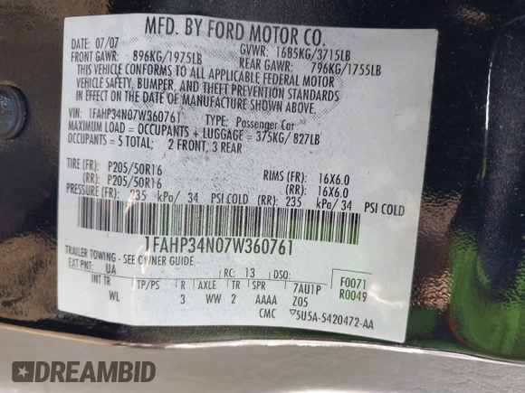 2007 Ford Focus S z VIN 1FAHP34N07W360761, wystawiony jako IAAI lot #40754946 z przebiegiem 121 371 mil mil oraz . Historia ofert i sprzedaży dostępna na DreamBid. Obrazek 9.