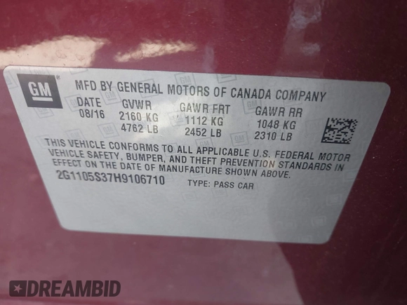 2017 Chevrolet Impala LT with VIN 2G1105S37H9106710, listed as a IAAI auction lot 42585642 with 96,392 mi miles and . Bid and sale history available at DreamBid. Image 9.