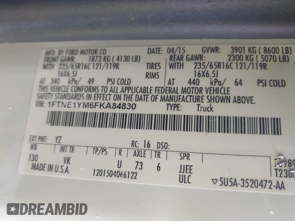 2015 Ford Transit Cargo with VIN 1FTNE1YM6FKA84830, listed as a IAAI auction lot 41635007 with 192,886 mi miles and . Bid and sale history available at DreamBid. Image 9.