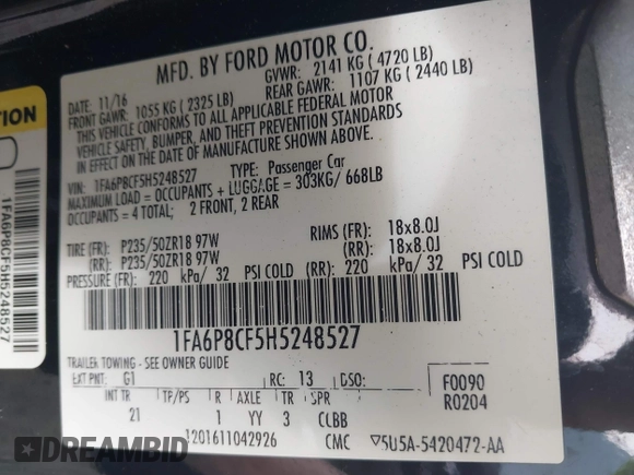 2017 Ford Mustang GT with VIN 1FA6P8CF5H5248527, listed as a IAAI auction lot 42276871 with 89,467 mi miles and . Bid and sale history available at DreamBid. Image 9.
