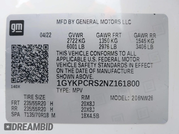 2022 Cadillac XT6 Premium Luxury with VIN 1GYKPCRS2NZ161800, listed as a IAAI auction lot 42174382 with 45,746 mi miles and . Bid and sale history available at DreamBid. Image 9.