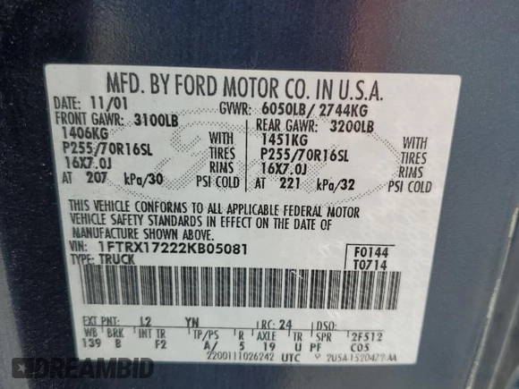 2002 Ford F-150 XL with VIN 1FTRX17222KB05081, listed as a Copart auction lot 56459765 with 126,941 mi miles and Salvage title. Bid and sale history available at DreamBid. Image 13.