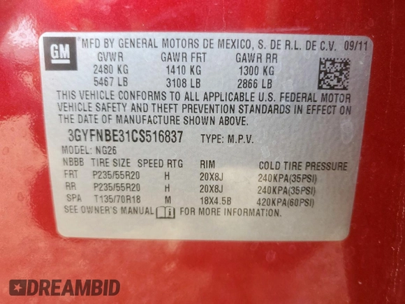 2012 Cadillac SRX Performance Collection z VIN 3GYFNBE31CS516837, wystawiony jako Copart lot #58346225 z przebiegiem 142 559 mil mil oraz Szkoda całkowita • Salvage title. Historia ofert i sprzedaży dostępna na DreamBid. Obrazek 12.