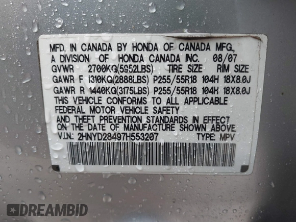 2007 Acura MDX Technology with VIN 2HNYD28497H553207, listed as a IAAI auction lot 41227328 with 195,322 mi miles and . Bid and sale history available at DreamBid. Image 9.