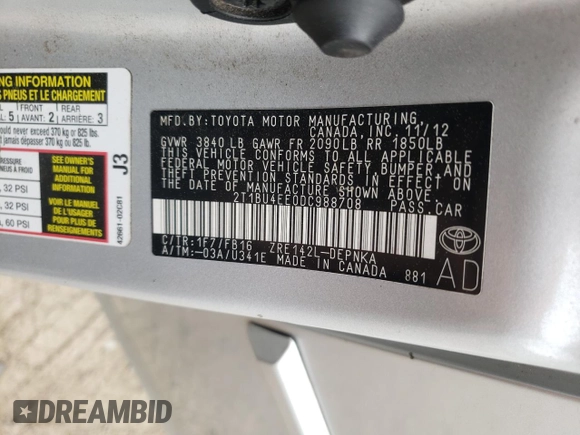 2013 Toyota Corolla L with VIN 2T1BU4EE0DC988708, listed as a Copart auction lot 52092375 with 165,895 mi miles and Salvage Title. Bid and sale history available at carsss.com. Image 14.