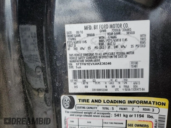 2010 Ford F-150 XL with VIN 1FTFW1EVXAKE36346, listed as a Copart auction lot 52574855 with 187,635 mi miles and Salvage Title. Bid and sale history available at DreamBid. Image 12.