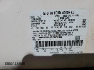 2023 Ford Explorer ST-Line with VIN 1FMSK7KH0PGB52842, listed as a Copart auction lot 88803645 with 20,888 mi miles and Salvage Title. Bid and sale history available at carsss.com. Image 16.