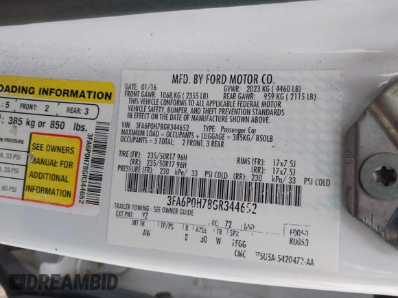 2016 Ford Fusion SE with VIN 3FA6P0H78GR344652, listed as a IAAI auction lot 42129270 with 128,173 mi miles and . Bid and sale history available at DreamBid. Image 9.