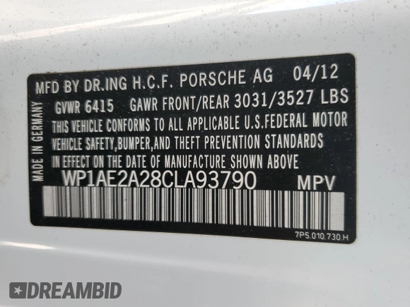 2012 Porsche Cayenne S Hybrid with VIN WP1AE2A28CLA93790, listed as a Copart auction lot 42040485 with 150,816 mi miles and Clean title. Bid and sale history available at DreamBid. Image 12.