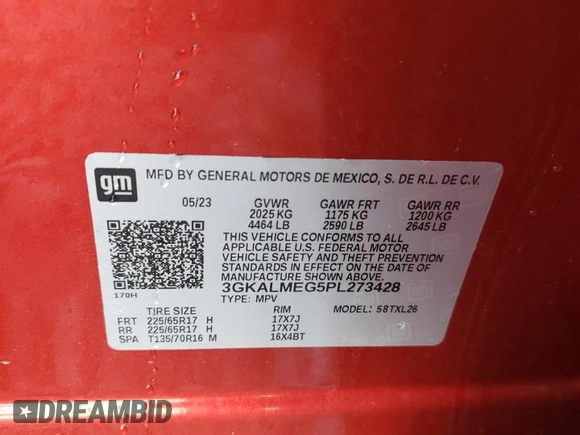 2023 GMC Terrain SLE with VIN 3GKALMEG5PL273428, listed as a Copart auction lot 87035234 with 13,944 mi miles and Salvage Title. Bid and sale history available at DreamBid. Image 14.