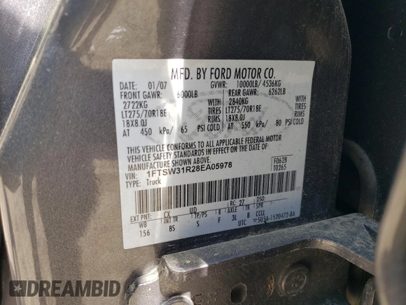 2008 Ford F-350 XL with VIN 1FTSW31R28EA05978, listed as a Copart auction lot 52320205 with 187,723 mi miles and Clean Title. Bid and sale history available at DreamBid. Image 12.