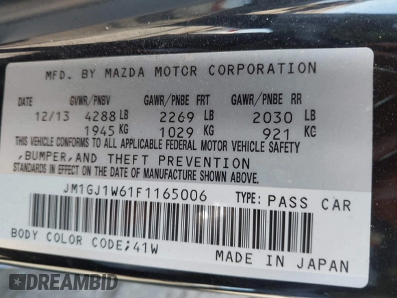 2015 Mazda 6 i Grand Touring with VIN JM1GJ1W61F1165006, listed as a IAAI auction lot 41988778 with 113,226 mi miles and . Bid and sale history available at carsss.com. Image 9.