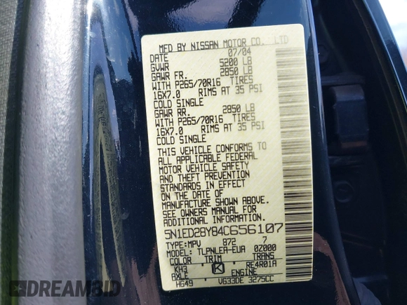 2004 Nissan Xterra XE z VIN 5N1ED28Y84C656107, wystawiony jako IAAI lot #41904170 z przebiegiem 195 795 mil mil oraz . Historia ofert i sprzedaży dostępna na DreamBid. Obrazek 9.