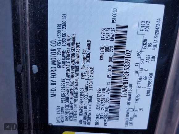 2015 Ford Mustang EcoBoost with VIN 1FA6P8TH3F5339102, listed as a Copart auction lot 54948225 with 164,086 mi miles and Salvage Title. Bid and sale history available at DreamBid. Image 12.