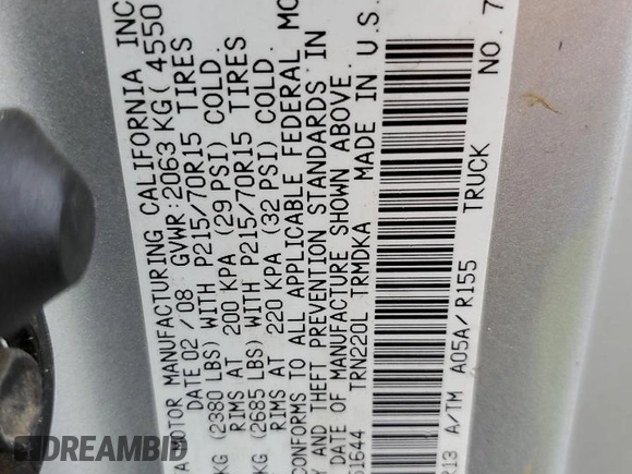 2008 Toyota Tacoma z VIN 5TENX22N08Z551644, wystawiony jako Copart lot #61460485 z przebiegiem 317 705 mil mil oraz Szkoda całkowita • Salvage title. Historia ofert i sprzedaży dostępna na DreamBid. Obrazek 12.