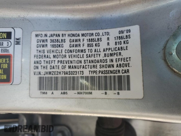 2010 Honda Insight EX with VIN JHMZE2H79AS023173, listed as a Copart auction lot 58087275 with 216,322 mi miles and Salvage title. Bid and sale history available at DreamBid. Image 12.