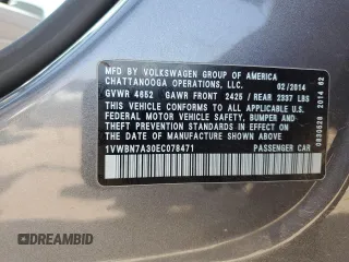 2014 Volkswagen Passat SE z VIN 1VWBN7A30EC078471, wystawiony jako Copart lot #60243135 z przebiegiem 96 862 mil mil oraz Szkoda całkowita • Salvage title. Historia ofert i sprzedaży dostępna na DreamBid. Obrazek 12.
