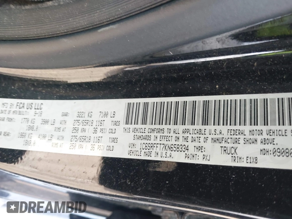 2019 Ram 1500 Big Horn z VIN 1C6SRFFT7KN658334, wystawiony jako IAAI lot #41930603 z przebiegiem 84 124 mil mil oraz . Historia ofert i sprzedaży dostępna na DreamBid. Obrazek 9.