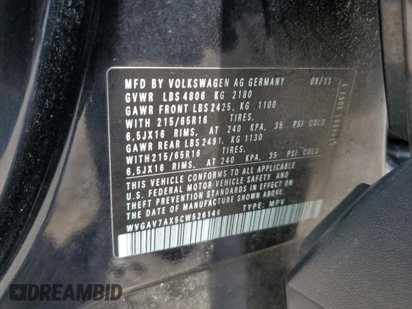 2012 Volkswagen Tiguan SE with VIN WVGAV7AX5CW526146, listed as a Copart auction lot 68565894 with 149,101 mi miles and Clean Title. Bid and sale history available at DreamBid. Image 13.