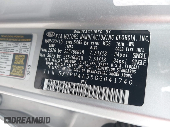 2016 Kia Sorento EX with VIN 5XYPH4A55GG041740, listed as a IAAI auction lot 41555876 with 166,255 mi miles. Bid and sale history available at carsss.com. Image 9.