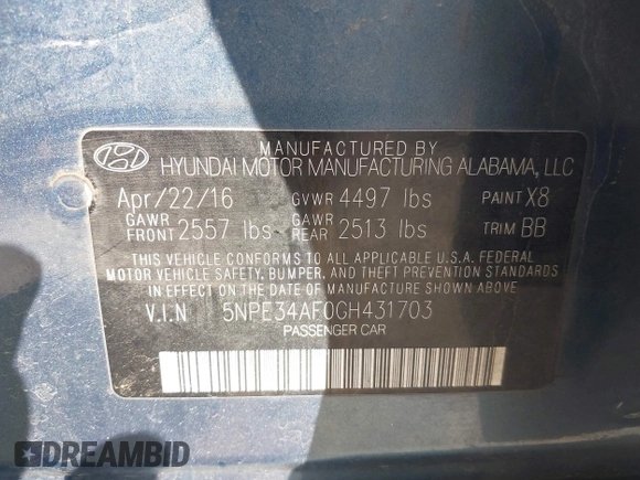 2016 Hyundai Sonata Sport with VIN 5NPE34AF0GH431703, listed as a IAAI auction lot 41930465 with 126,586 mi miles and . Bid and sale history available at DreamBid. Image 9.