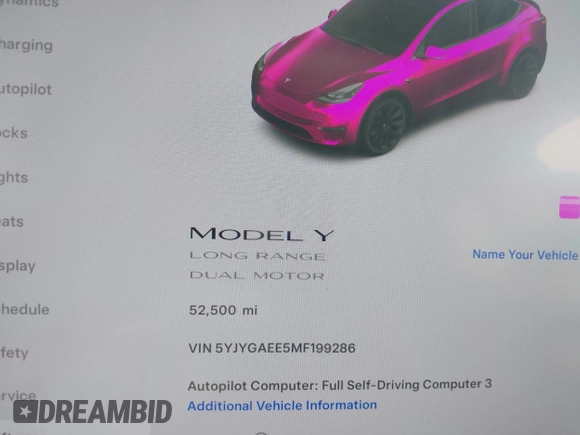 2021 Tesla Model Y Long Range with VIN 5YJYGAEE5MF199286, listed as a IAAI auction lot 41677915 with 52,500 mi miles. Bid and sale history available at carsss.com. Image 16.