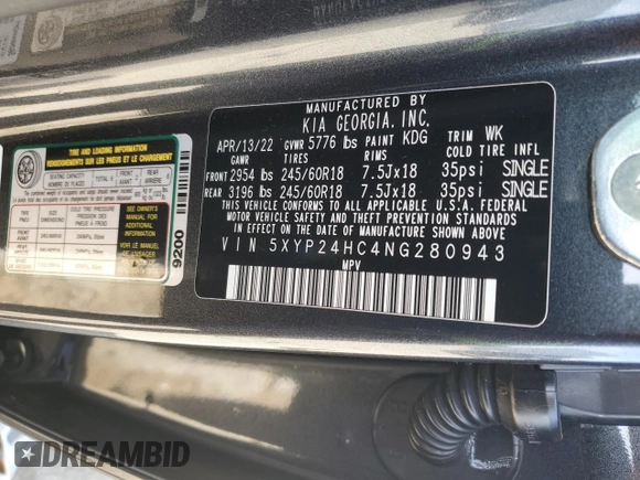 2022 Kia Telluride LX z VIN 5XYP24HC4NG280943, wystawiony jako Copart lot #87219584 z przebiegiem 50 369 mil mil oraz Szkoda całkowita • Salvage title. Historia ofert i sprzedaży dostępna na DreamBid. Obrazek 15.