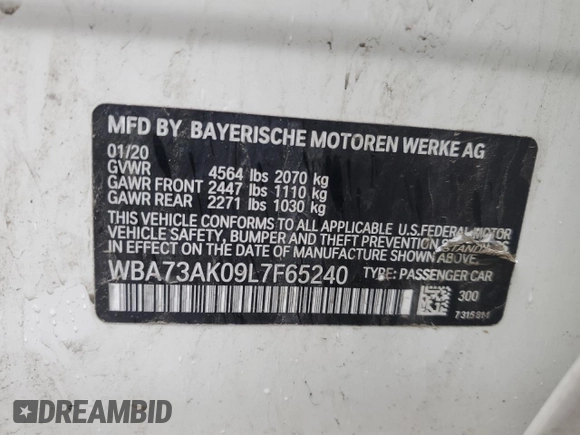 2020 BMW 2 Series 228i xDrive with VIN WBA73AK09L7F65240, listed as a Copart auction lot 55492085 with 68,606 mi miles and Salvage title. Bid and sale history available at DreamBid. Image 13.